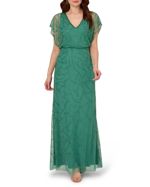 Adrianna Papell Green Beaded Mesh Blouson Gown