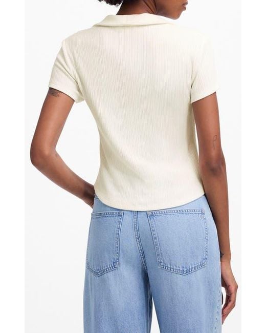 Madewell White V-Neck Rib Polo Top
