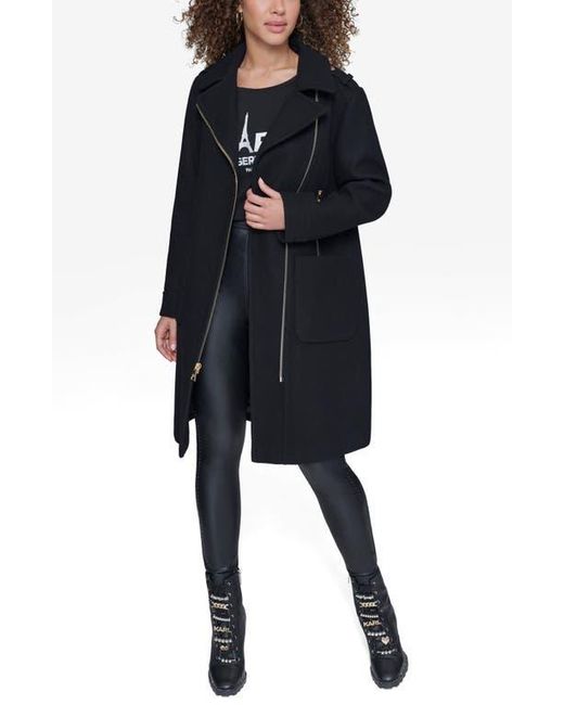 Karl Lagerfeld Black Long Wool Blend Moto Jacket
