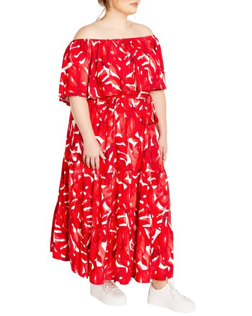 City Chic Red Boardwalk Off The Shoulder Midi Dress