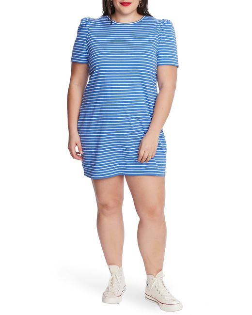 Court & Rowe Blue Stripe Puff Sleeve Cotton Knit T-shirt Dress