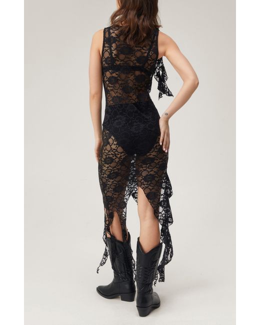 Nasty Gal Black Sheer Lace Ruffle Dress