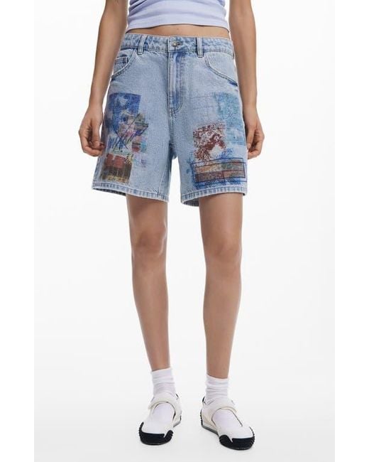 Desigual Blue Patchwork Pattern Denim Shorts