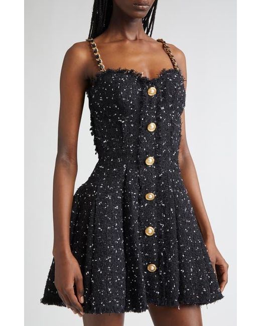Balmain Black Chain Strap Polka Dot Tweed Fit & Flare Dress