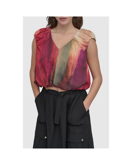 DKNY Red Print Rumpled Voile Bubble Top