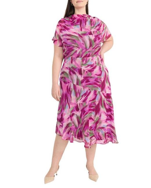 Maggy London Pink Abstract Print Asymmetric Chiffon Midi Dress