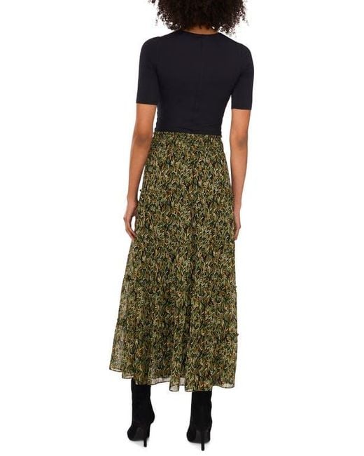 Vince Camuto Green V-Print Georgette Tiered Skirt