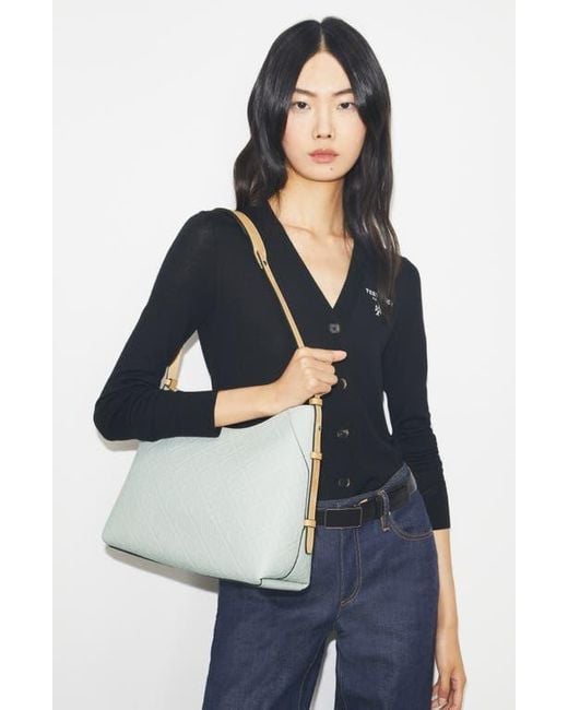 Tory Burch Gray T Monogram Pebble Leather Messenger Bag