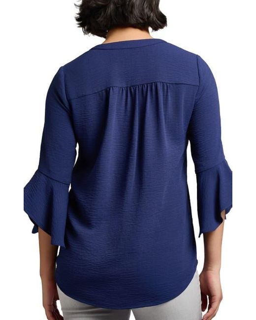 Jones New York Blue Pleated V-Neck Flutter Sleeve Top