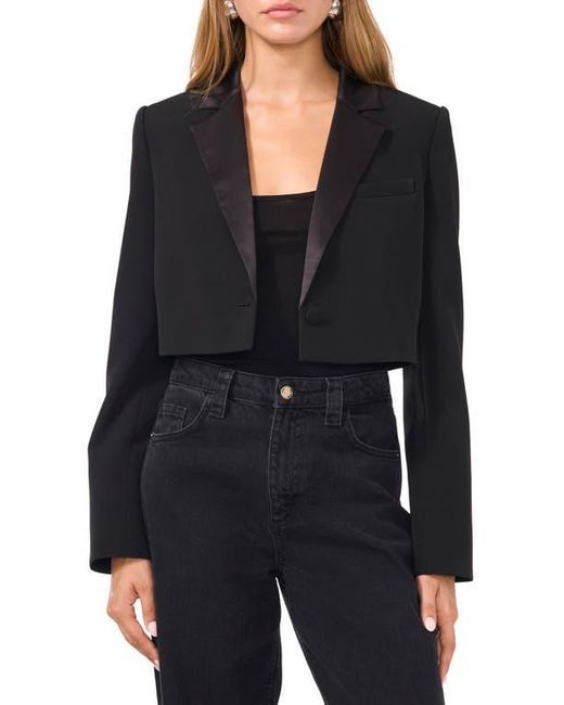 1.STATE Black Satin Lapel Crop Tuxedo Blazer