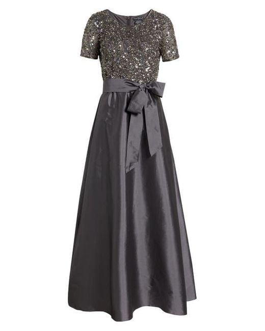 Pisarro Nights Gray Beaded Bodice Mixed Media Gown