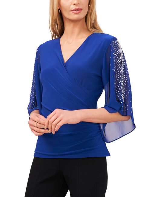 Chaus Blue Beaded Sleeve Surplice Knit Top