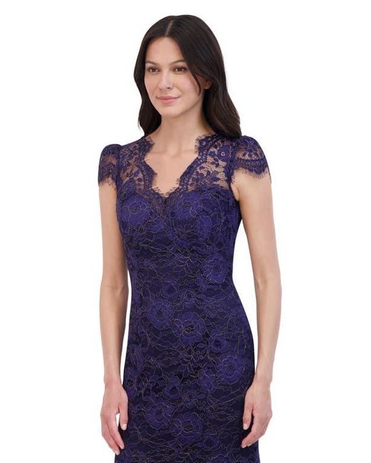 Eliza J Eyelash Lace Cap Sleeve Trumpet Gown in Blue Lyst