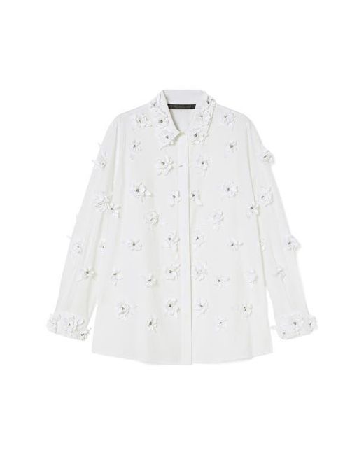 Marina Rinaldi White Fidato Crystal Flower Button-Up Shirt