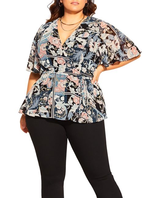 City Chic Soft Nouveau Surplice Neck Peplum Top in Black | Lyst
