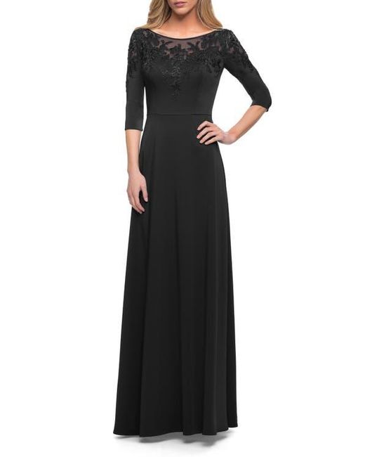 La Femme Black Jersey Mother Of The Bride Gown With Lace Neckline