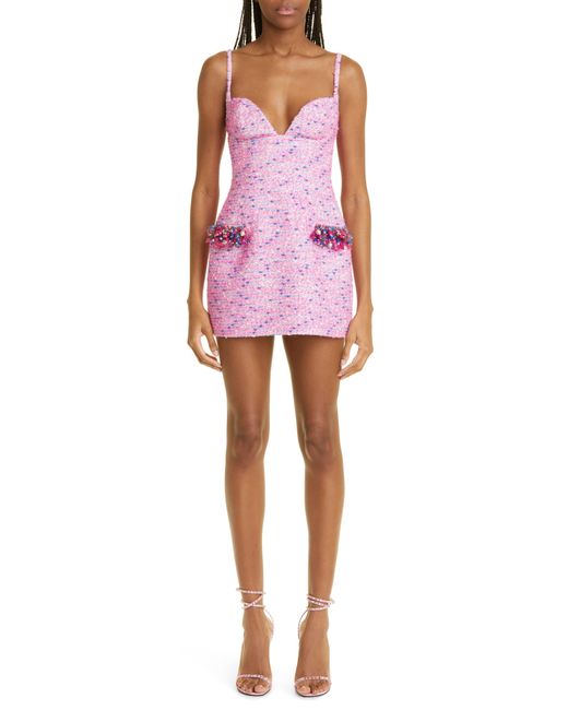 Area Grape Crystal Embellished Wool Blend Bouclé Tweed Dress in Pink Lyst