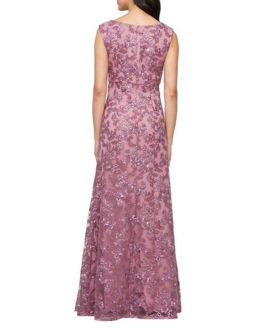 Alex Evenings Purple Embroidered Scalloped Sleeveless Gown