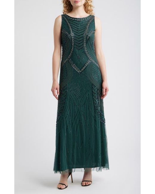 Pisarro Nights Green Beaded Chevron Sleeveless A-Line Gown
