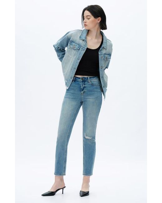 Bayeas Blue Ripped Mid Rise Slim Straight Leg Jeans