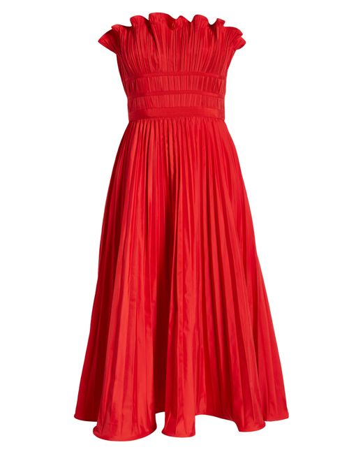 Moon River Red Strapless Pleated Midi Dress