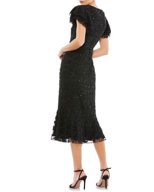Mac Duggal Black Beaded Ruffle Sleeve Midi Cocktail Dress