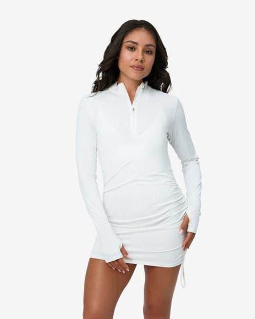 BloqUV White Long Sleeve Sun And Uv Protection Drawstring Coverup Dress