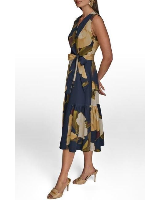 Donna Karan Blue Sleeveless Faux Wrap Midi Dress