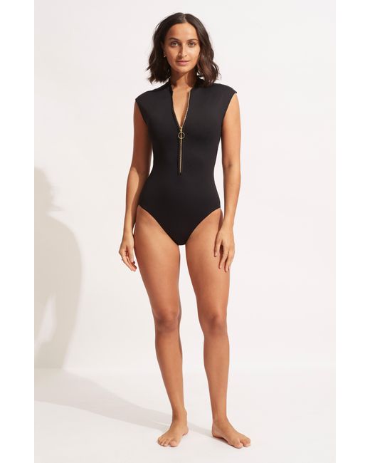Seafolly Black Zip-up Cap Sleeve One-piece Swimsuit