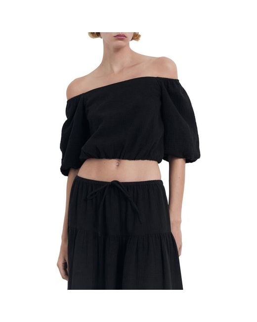 Mango Black Puffed Off The Shoulder Crop Top