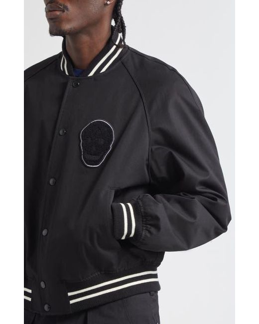 Alexander McQueen Black Skull Patch Varsity Bomber Jacket for men