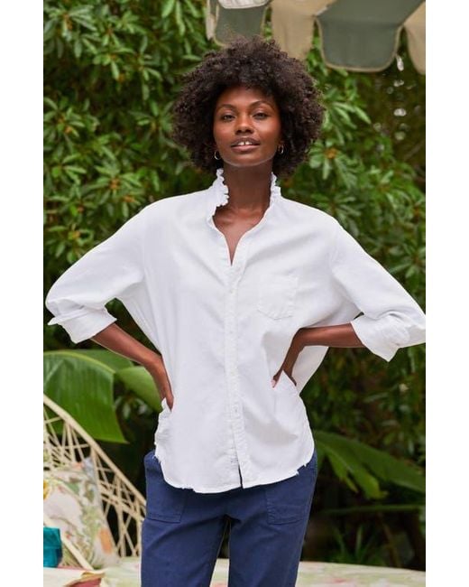 Frank & Eileen White Ruffle Collar Relaxed Fit Cotton Button-Up Shirt