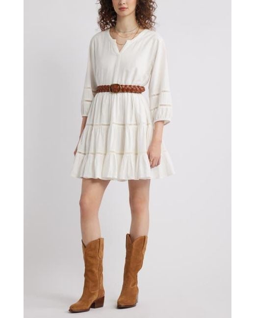Treasure & Bond White Ladder Stitch Accent Linen Blend Tiered Minidress