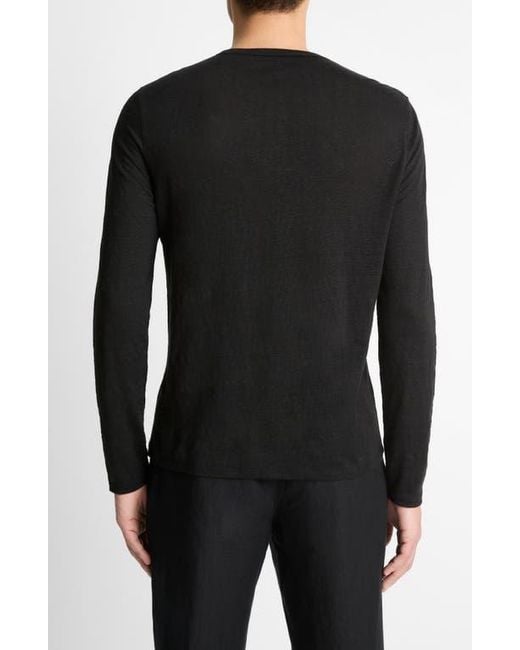 Vince Black Notch Neck Long Sleeve Slub Linen T-Shirt for men