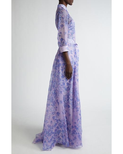 Carolina Herrera Purple Floral Print Button Front Belted Silk Gown