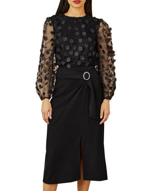Yumi' Black Long Sleeve Sheer Floral Top