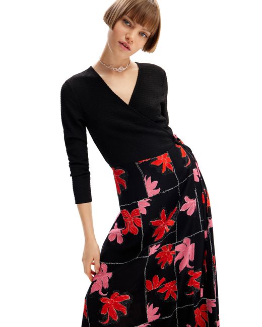Desigual Black Floral Long Sleeve Wrap Midi Dress