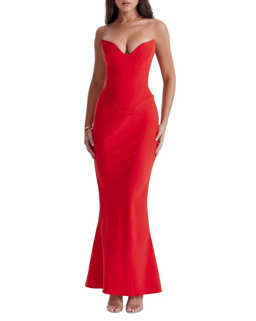 House Of Cb Red Tamara Strapless Stretch Satin Gown