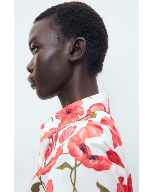 Mango Red Floral Print Cropped Button-Up Shirt
