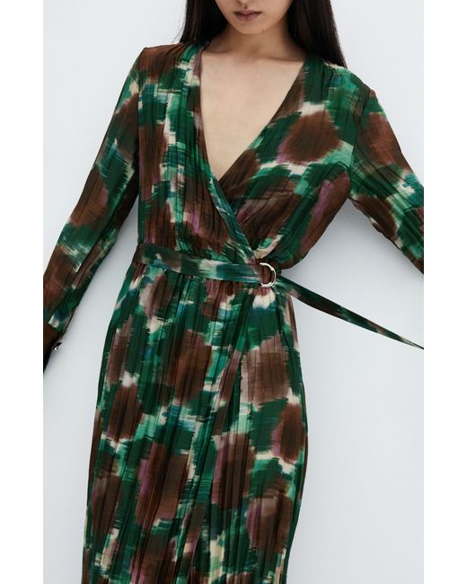 Mango Green Abstract Print Pleated Belted Long Sleeve Midi Wrap Dress