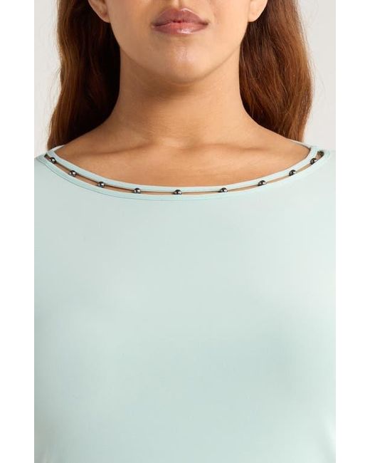 Kasper Blue Beaded Neck Top