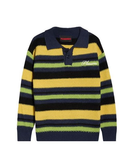 Pleasures Black Cooper Stripe Long Sleeve Polo Sweater for men