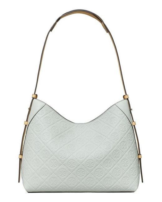 Tory Burch Gray T Monogram Pebble Leather Messenger Bag