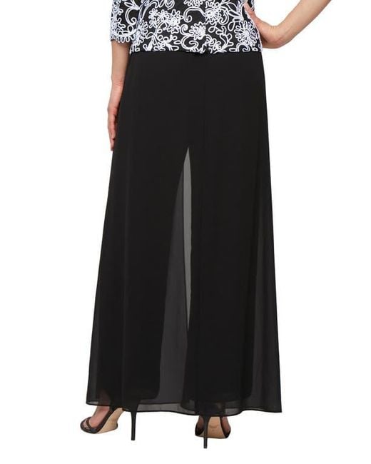 Alex Evenings Black Wide Leg Pants With Mesh Skirt Overlay