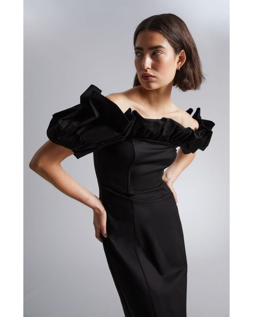 & Other Stories Black & Ruffle Off The Shoulder Midi Dress