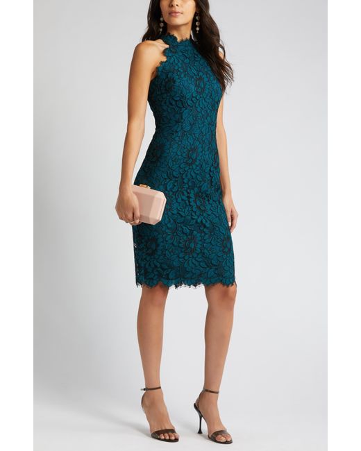 Eliza J Blue Mock Neck Lace Sheath Dress