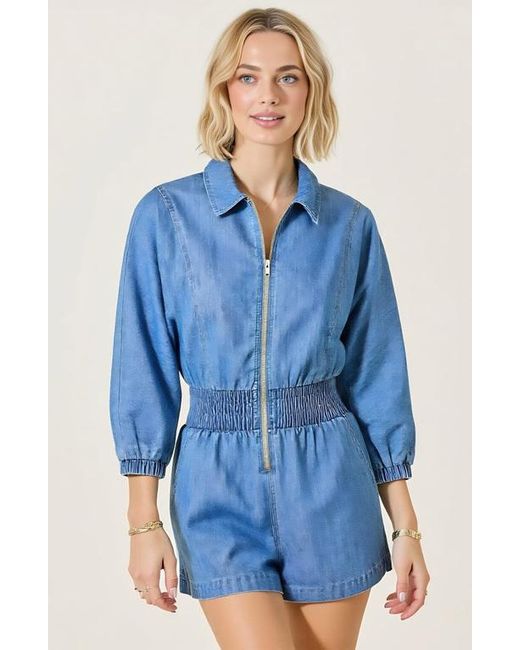 Modenaire Blue Zip Front Romper With Smocked Waist And 3/4 Sleeves