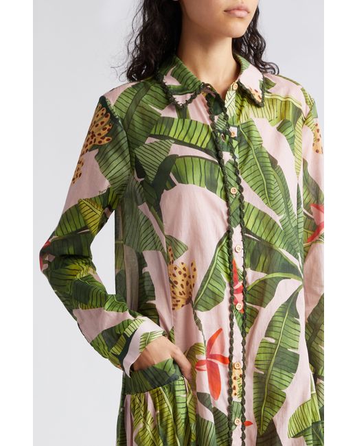Farm Rio Green Banana Leaves Cotton Cover-up Maxi Shirtdress