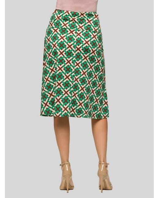 24seven Comfort Apparel Green Geometric Print Comfortable Elastic Waist Knee Length Skirt