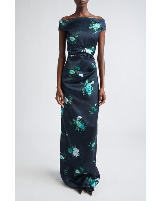 Erdem Blue Floral Print Off The Shoulder Duchesse Satin Gown